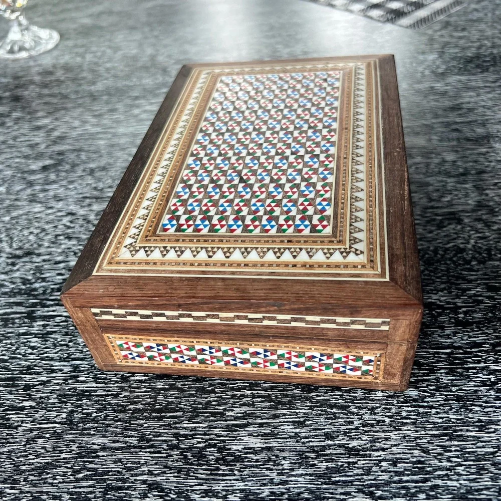 Vintage Wooden Marquetry Jewelry Box White,‎ Red, Green, Blue